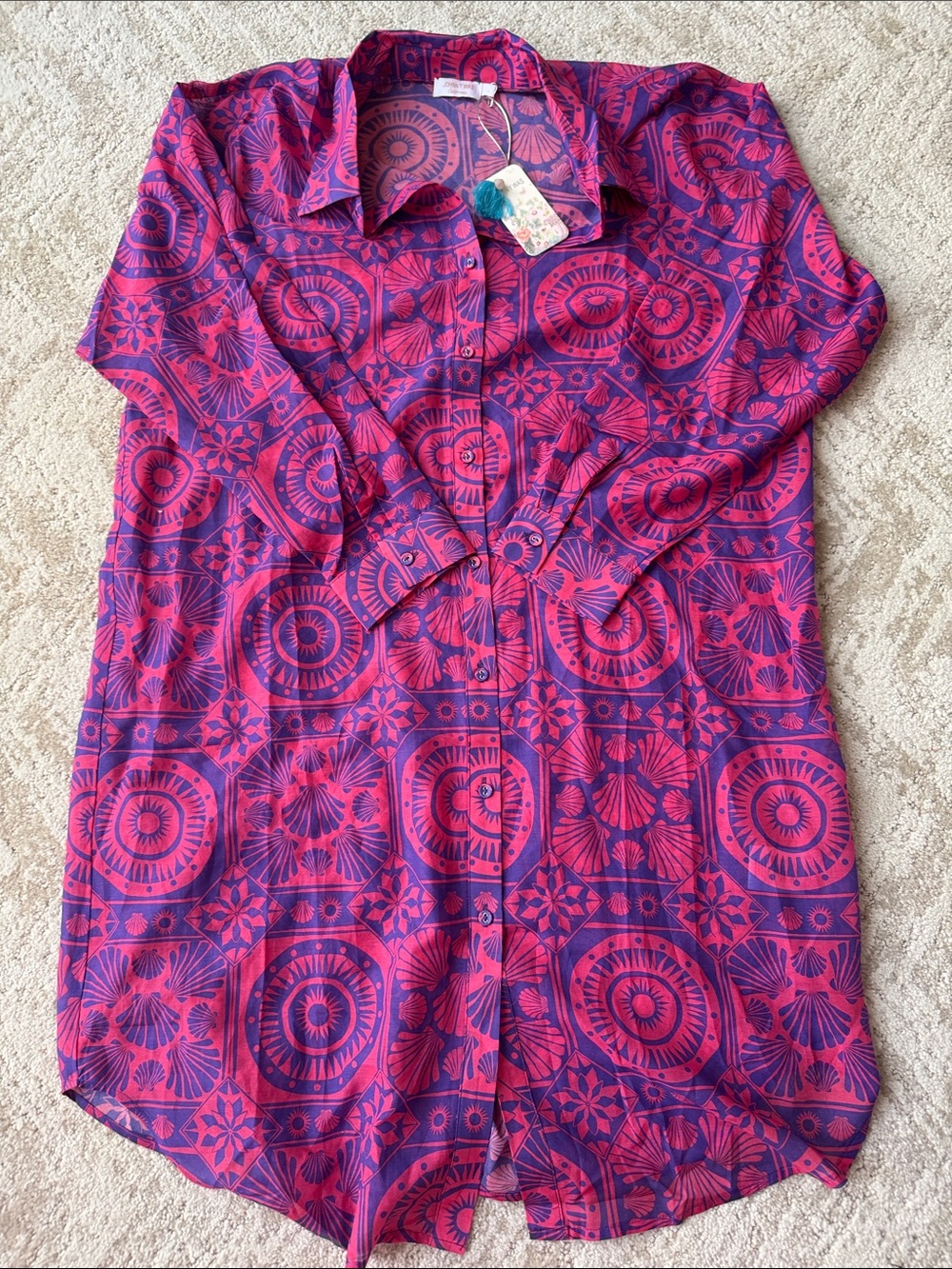 Johnny Was Pink & Purple Printed Button-Down Shirt Dress